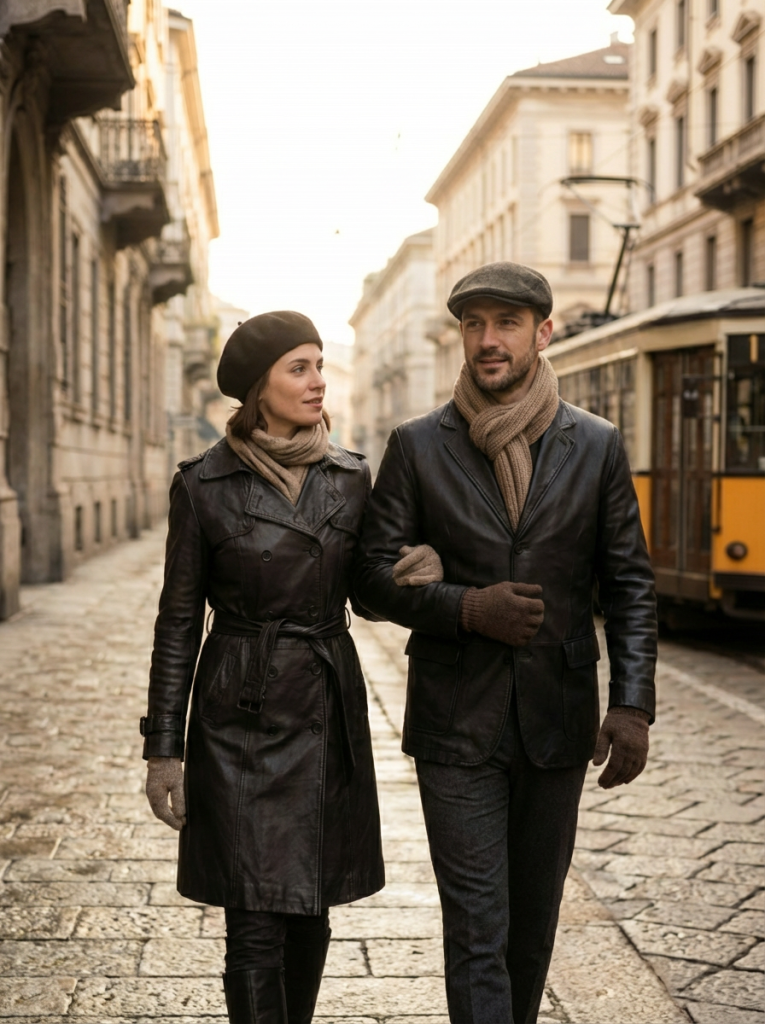 Elegant couple in leather coats walking a cobblestone street in Milan.