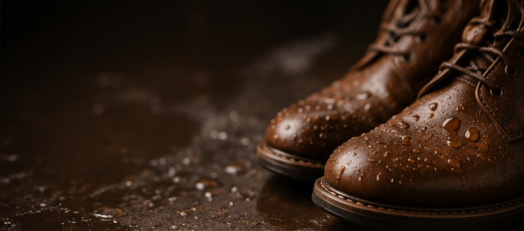 Wet leather boots showing water exposure and restoration condition