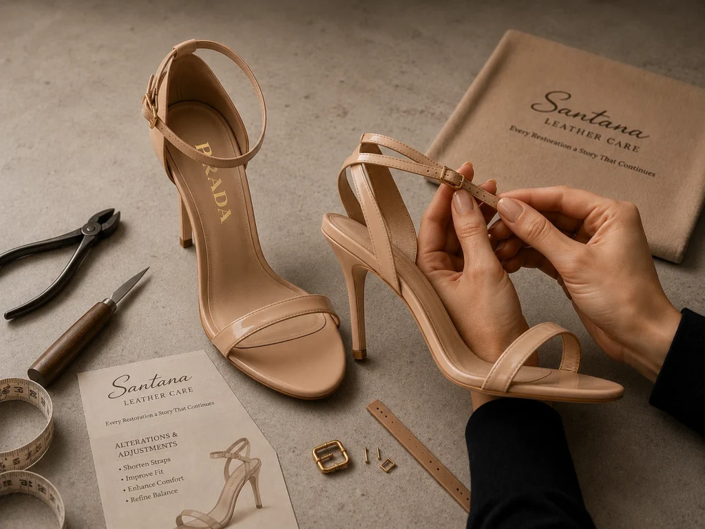 Luxury designer sandals undergoing professional strap adjustment for improved fit